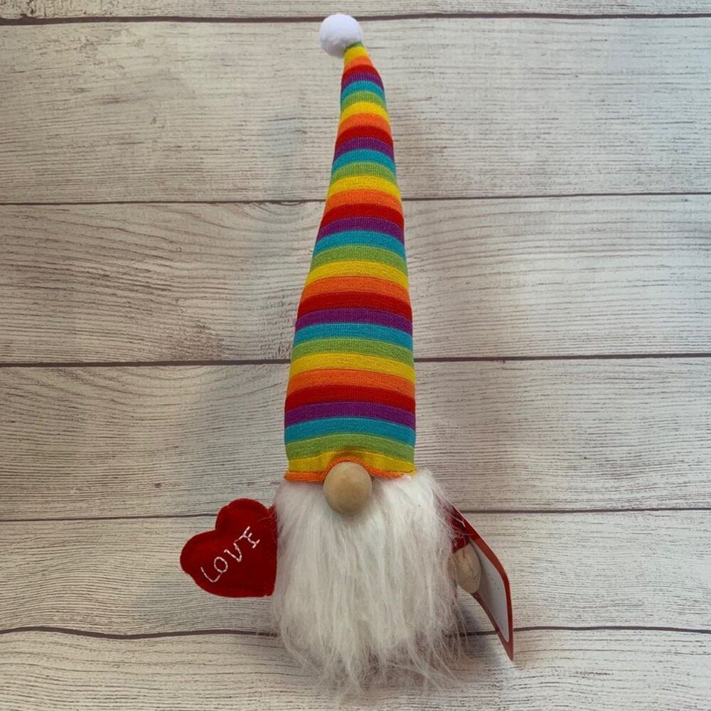 Plush Gnome with Rainbow Hat Red LOVE Heart Wood Nose Valentine's Day 14"H